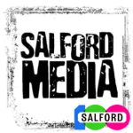 Logo for Salford Media with bold, distressed black text and a colorful Salford badge in the bottom-right.