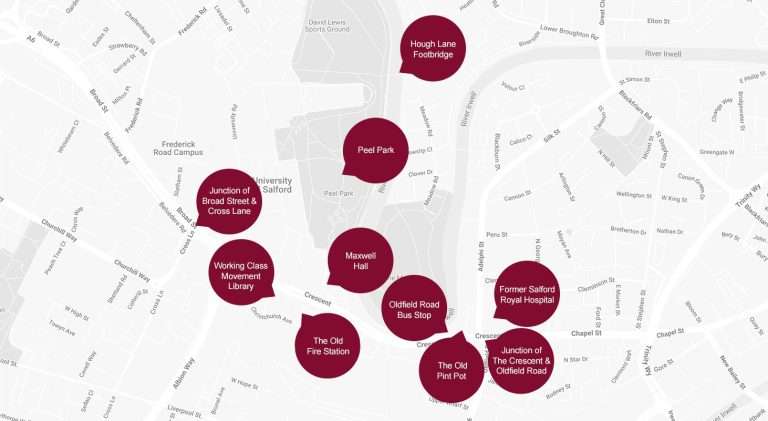 Map showing maroon markers for local sites around Salford: Hough Lane Footbridge, Peel Park, Junction of Broad Street & Cross Lane, Working Class Movement Library, Maxwell Hall, Oldfield Road Bus Stop, The Old Fire Station, The Old Pint Pot, Junction of The Crescent & Oldfield Road, Former Salford Royal Hospital