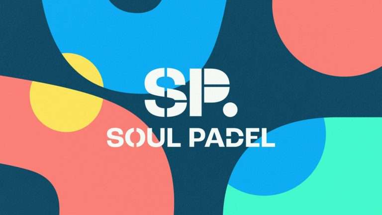 Brand logo for SP. Soul Padel set on a blue abstract background of colorful curved shapes in coral, yellow, blue, and green.