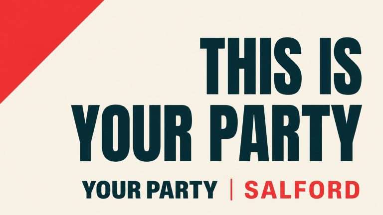 Bold event poster reading 'THIS IS YOUR PARTY' with 'YOUR PARTY | SALFORD' and a red diagonal accent in the top-left corner.