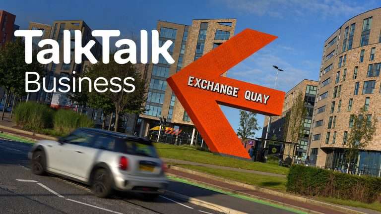 TalkTalk Business banner over a modern office campus with a large orange Exchange Quay sculpture