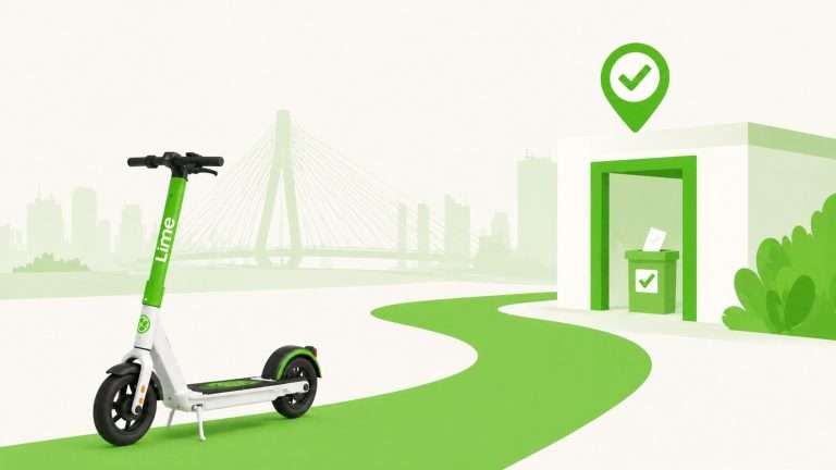 Green Lime electric scooter on a curved green path heading toward a green-checkmarked building in a cityscape park scene.