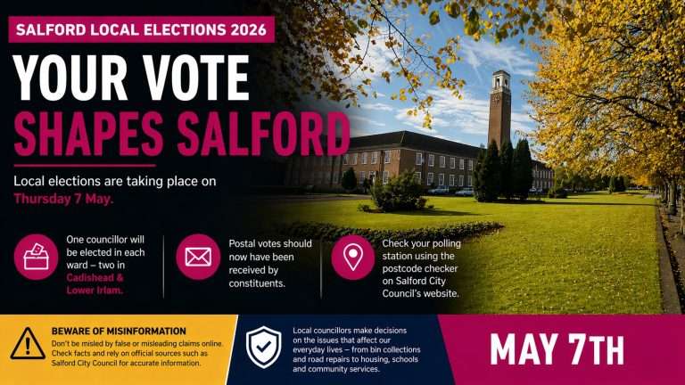 Salford local elections 2026 poster: bold 'Your Vote Shapes Salford' with a campus building and autumn trees; date May 7.