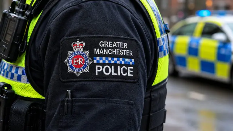 Close-up of the Greater Manchester Police shoulder patch on a dark uniform, with a police car blurred in the background.