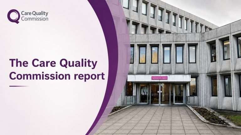 Poster reads 'The Care Quality Commission report' with a purple curved banner beside a grey concrete office building and glass entrance.