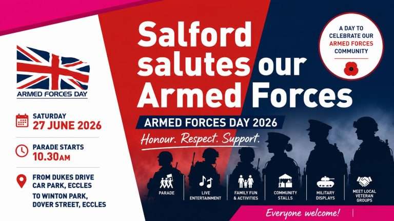 Salford Armed Forces Day 2026 poster: Saturday 27 June, parade starts 10:30 AM, with soldier silhouettes and event icons.