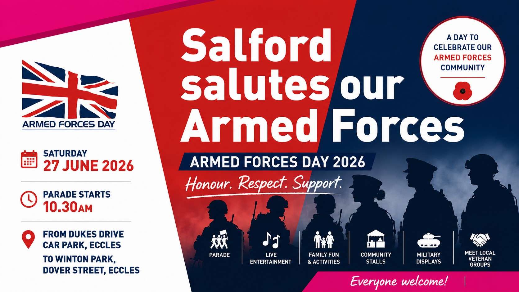 Salford Armed Forces Day 2026 poster: Saturday 27 June, parade starts 10:30 AM, with soldier silhouettes and event icons.
