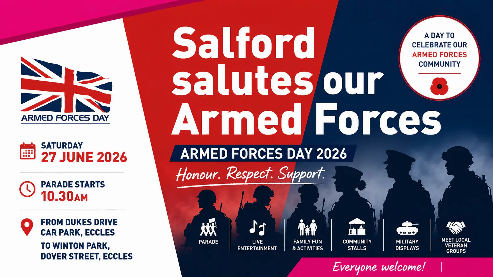 Salford Armed Forces Day 2026 poster: Saturday 27 June, parade starts 10:30 AM, with soldier silhouettes and event icons.