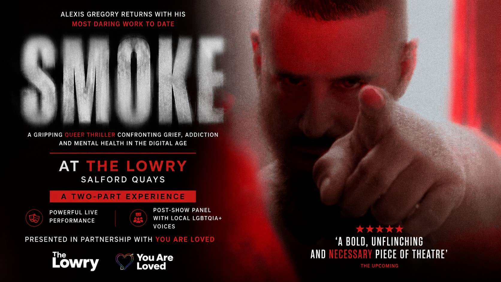 Promotional poster for a two-part queer thriller 'Smoke' at The Lowry, Salford Quays, featuring a man pointing at the camera with bold red and white text.