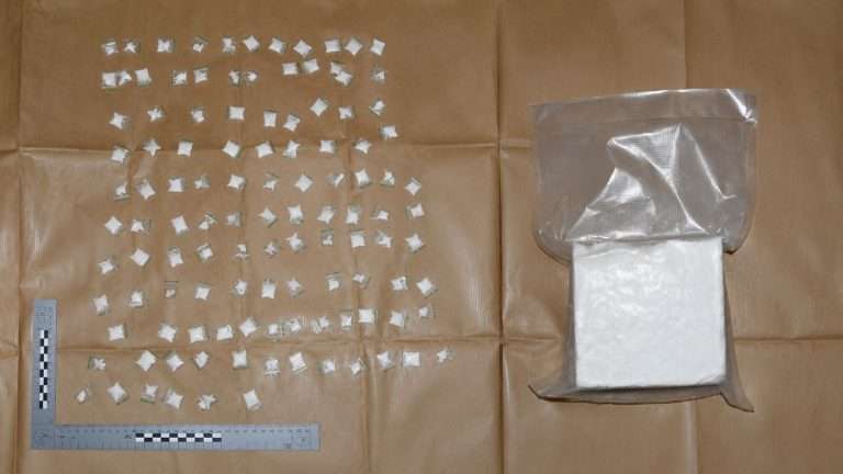 Assorted small sealed plastic bags containing a white crystalline substance scattered on brown paper, with a gray vacuum-sealed bag and a white pad nearby for scale and evidence.