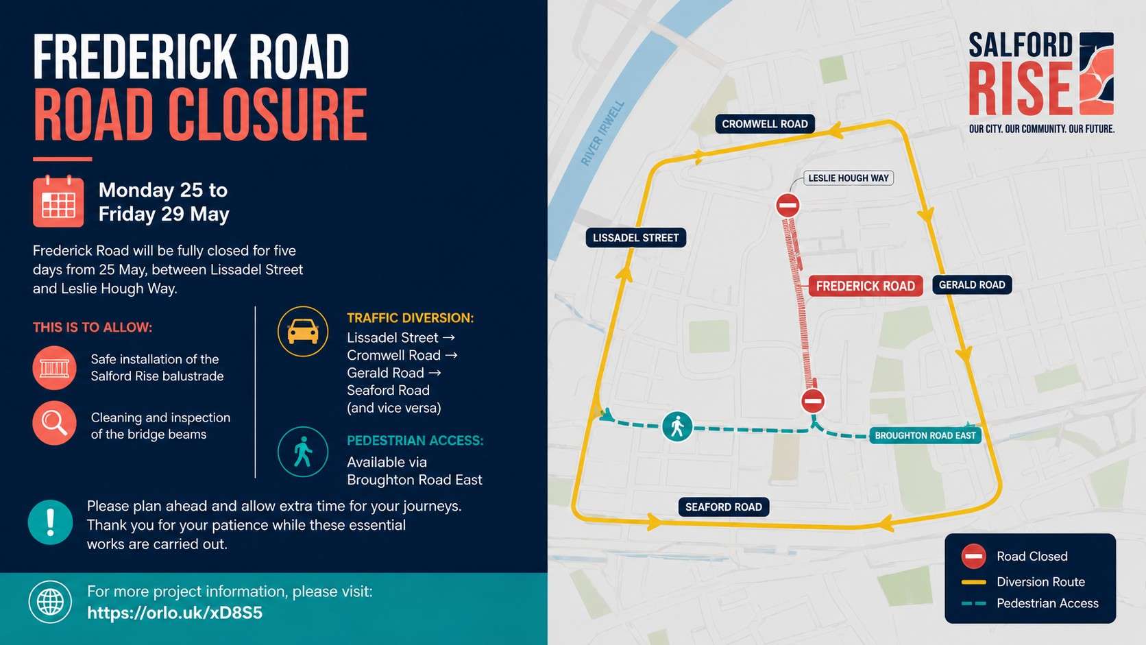 Left panel announces Frederick Road closure (May 25–29) with icons; right panel shows a detour map around the area with route arrows and street labels.