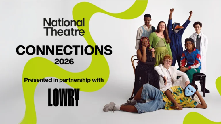 Group of diverse young performers posing for a National Theatre Connections 2026 poster with lime abstract shapes in the background.
