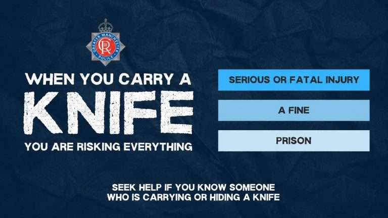 Dark blue police poster warning: 'When you carry a knIfe you are risking everything' with a large 'KNIFE' text and three right-side options: 'Serious or fatal injury', 'A fine', 'Prison'.