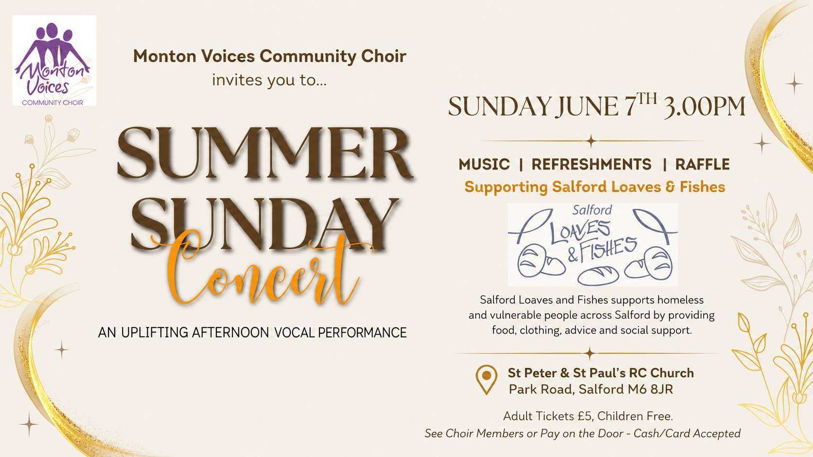 Poster for Monton Voices Community Choir's Summer Sunday Concert featuring date June 7 at 3:00 PM, with music and raffles to support Salford Loaves & Fishes.