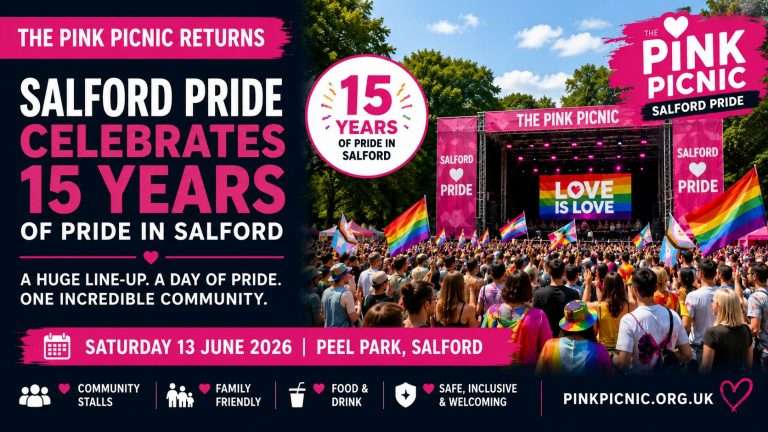 Poster announcing The Pink Picnic in Salford Pride—15 years celebration at Peel Park, June 13, 2026, with a rainbow stage and crowd imagery.