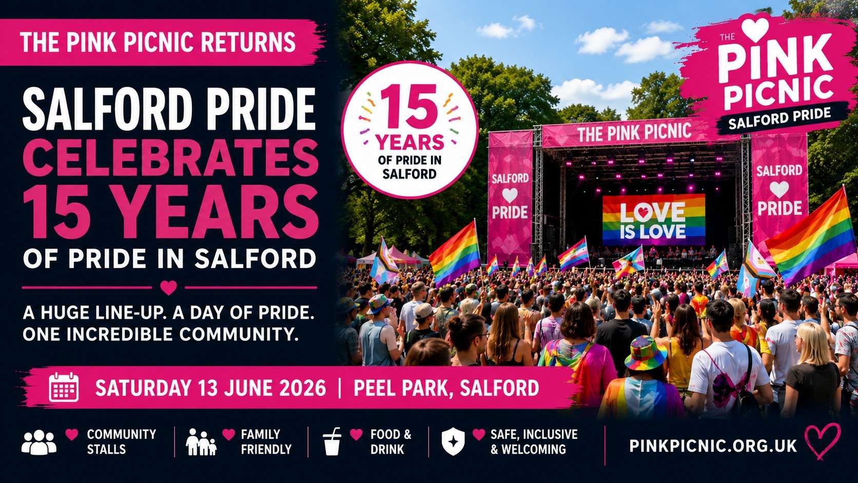 Poster announcing The Pink Picnic in Salford Pride—15 years celebration at Peel Park, June 13, 2026, with a rainbow stage and crowd imagery.