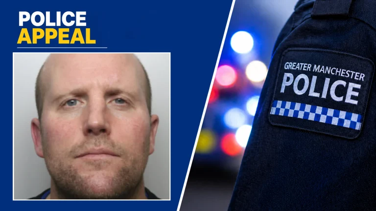 Police appeal graphic: mugshot of a man on the left and a Greater Manchester Police badge with flashing lights on the right.