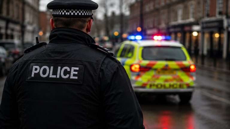 Back view of a police officer in uniform standing on a city street with a patrol car and flashing blue/red lights behind him.