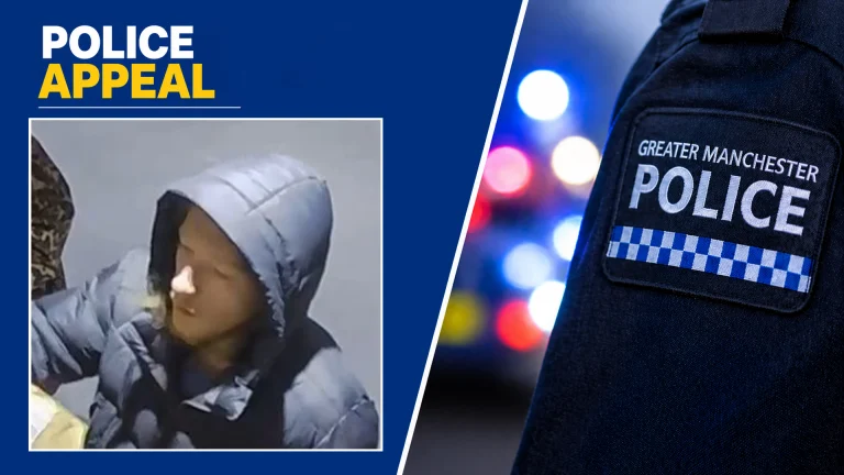 Police appeal banner: a suspect wearing a gray hooded jacket on the left and a Greater Manchester Police badge on the right on a blue background.
