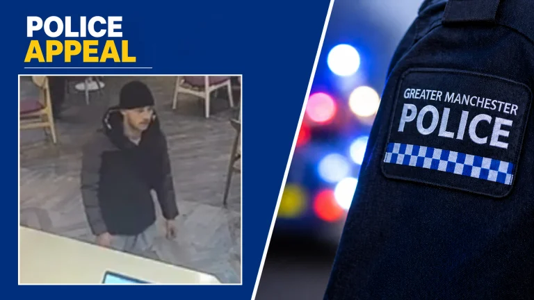 Two-panel police appeal: left shows CCTV image of a man in a dark coat and beanie; right shows a Greater Manchester Police badge on blue background.