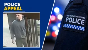 Police appeal banner featuring a CCTV still of a man in a gray hoodie and the Greater Manchester Police badge side-by-side.