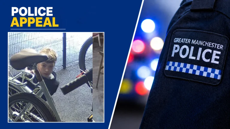 Police appeal banner: bold POLICE APPEAL text on a blue background with a police badge and blurred lights on the right; left shows a person near a bicycle by a fence.