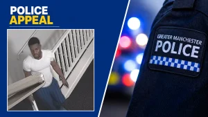 Police appeal banner: a man on stairs shown for identification, with 'POLICE APPEAL' text on a blue background.
