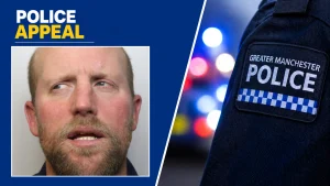 Police Appeal banner: close-up of a man’s face on the left and a Greater Manchester Police badge on the right.