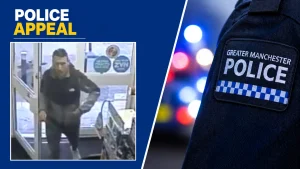 Police appeal banner: left shows a blurred man entering a store, right shows a GM Police badge on dark blue fabric.