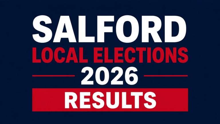Salford local elections 2026 results in bold white and red text on a dark blue background poster