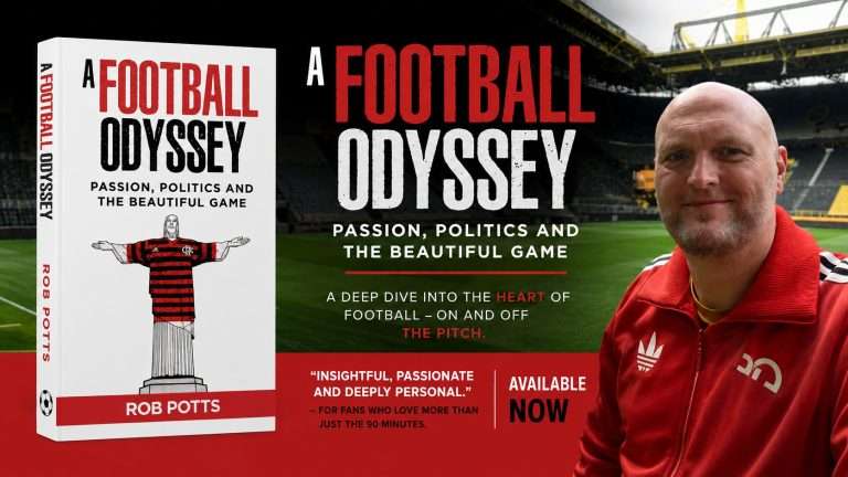 Promo banner for the book A Football Odyssey with the author pictured at a football stadium.