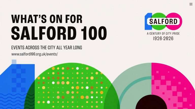 Salford 100 celebration poster with bold black text and colorful geometric shapes on a pale background, including the Salford logo and 1926–2026