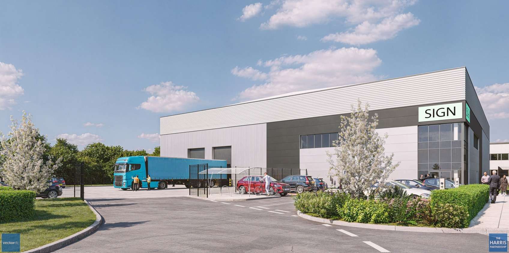 Modern industrial building with a large SIGN sign, a blue delivery truck, cars, and people in the parking area on a sunny day.