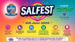 Bright poster for SAFEST: Beats for a Cause, June 6, 2026, with AFC Monton crest and Macmillan/The Christie logos in a colorful gradient.