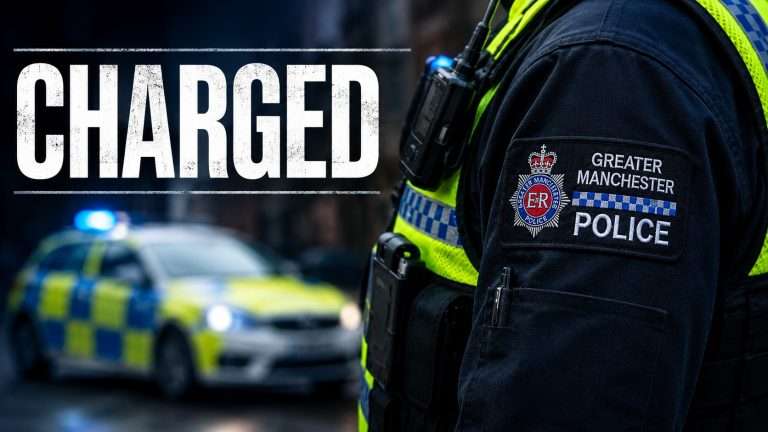 GMP police officer in foreground with a bold 'CHARGED' banner and a police car with blue lights in the background, scene suggesting news.