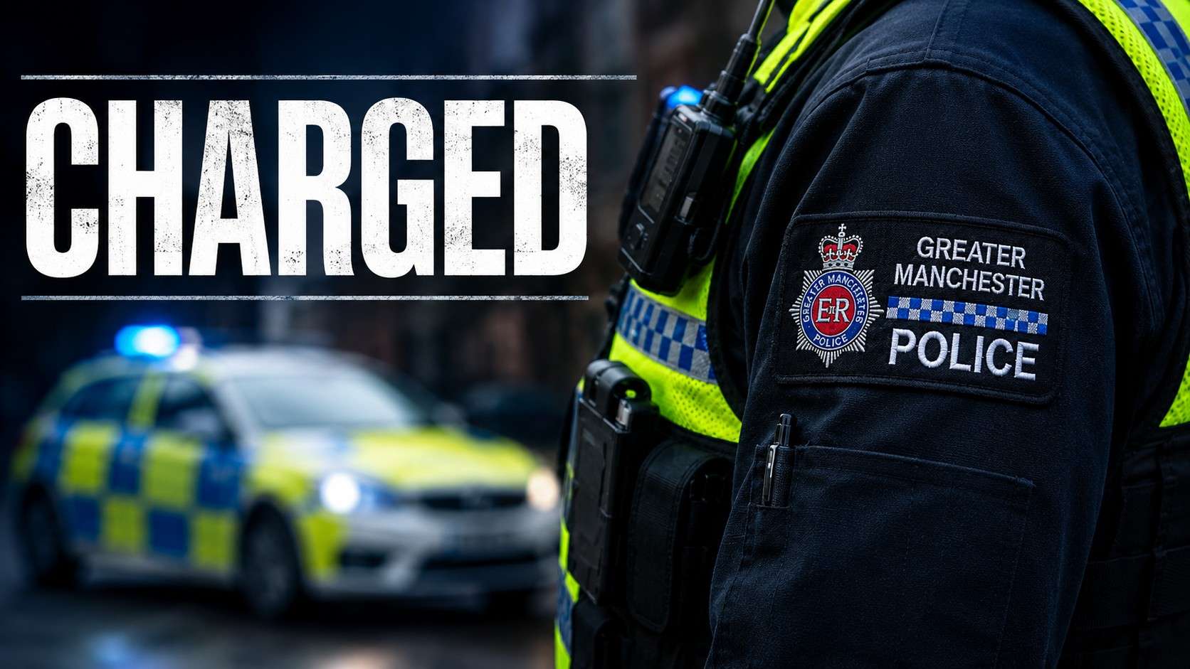 GMP police officer in foreground with a bold 'CHARGED' banner and a police car with blue lights in the background, scene suggesting news.
